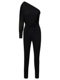 Saint Laurent Women Black One-Shoulder Jumpsuit With Side Gathering In Jersey Woman