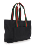 Gucci Men Black Tote Bag With Web Handles And Logo Lettering On The Front In Tech Fabric Man