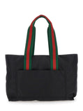 Gucci Men Black Tote Bag With Web Handles And Logo Lettering On The Front In Tech Fabric Man