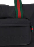 Gucci Men Black Tote Bag With Web Handles And Logo Lettering On The Front In Tech Fabric Man