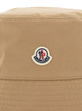 Moncler Women Beige Bucket Hat With Dropped Wide Brim And Logo Patch On The Front In Cotton Blend Woman