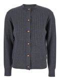 Bottega Veneta Women Grey Crewneck Cardigan With Knot Buttons Closure And Ribbed Knit In Wool Woman
