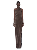 Rick Owens Women 'Athena Arrowhead' Brown Asymmetric Long Dress With Ruched Neckline And Side Single Slit In Viscose Blend Woman