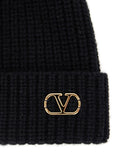 Valentino Garavani Men Black Knit Beanie With Vlogo On The Front In Cashmere Man