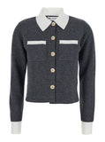 Self-Portrait Women Grey Cropped Cardigan With Contrasting Classic Collar And Two Front Patch Pockets In Wool Blend Woman