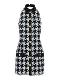 Balmain Women Black And White Halterneck Mini Dress With Houndstooth Motif In Tweed And Satin Woman