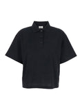 Saint Laurent Women Black Oversize Polo Shirt With Classic Collar And Tonal Logo Embroidery On The Front In Cotton Piquet Woman