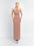 Solace London Women 'Riva' Brown Long Dress With Rhinestone-Embellished Neckline And Drape Details In Twill Woman