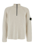Stone Island Men White Sweater With Logo Patch On The Sleeve And Front Half Zip Closure In Wool Stretch Man