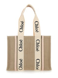 Chloé Women Handbag 'Medium Woody' With Logo In Linen Canvas Beige Woman