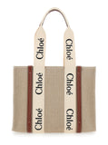 Chloé Women Handbag 'Woody' Medium With Logo Lettering On The Front In Beige Linen For Women