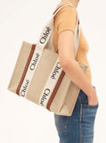 Chloé Women Handbag 'Woody' Medium With Logo Lettering On The Front In Beige Linen For Women