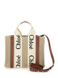 Chloé Women Tote Bag 'Woody' With Logoed Straps In Canvas And Leather Beige Woman