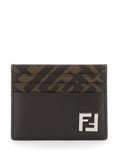 Fendi Men Squared Ff Card Holder In Leather And Ff Canvas Brown Men