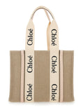 Chloé Women Handbag 'Medium Woody' With Logo In Linen Canvas Beige Woman