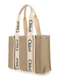 Chloé Women Handbag 'Medium Woody' With Logo In Linen Canvas Beige Woman