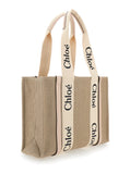 Chloé Women Handbag 'Medium Woody' With Logo In Linen Canvas Beige Woman