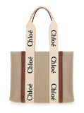 Chloé Women Handbag 'Woody' Medium With Logo Lettering On The Front In Beige Linen For Women