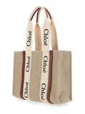 Chloé Women Handbag 'Woody' Medium With Logo Lettering On The Front In Beige Linen For Women