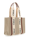 Chloé Women Handbag 'Woody' Medium With Logo Lettering On The Front In Beige Linen For Women