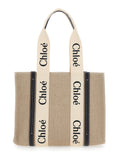 Chloé Women Handbag 'Medium Woody' With Logo Lettering On The Front In Beige Linen For Women