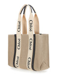 Chloé Women Handbag 'Medium Woody' With Logo Lettering On The Front In Beige Linen For Women