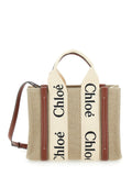 Chloé Women Tote Bag 'Woody' With Logoed Straps In Canvas And Leather Beige Woman