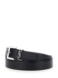 Saint Laurent Women Belt With Cassandre Plate On The Front And Square Buckle In Black Leather For Women