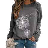 Womens Dandelion-Print Crew-Neck Long-Sleeve Loose Casual Sweatshirt