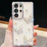 Glitter Powder Pearl Butterfly Style Phone Case With Rhinestones