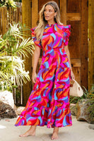 Abstract High Waist Ruffle Tiered Long Dress