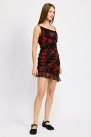 RUCHED ASYMMETRICAL NECK DRESS WITH RUFFLE DETAIL