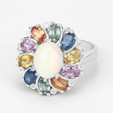 3.92 Carat Genuine Ethiopian Opal, Multi Sapphire and White Diamond .925 Sterling Silver Ring