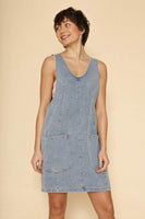 Denim scoop neck overall dress