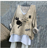 SpringSummer V-neck Long-sleeve Shirt Artistic Retro And Relaxed-fit