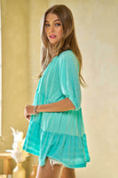 Davi & Dani Solid Ruffled Flared Short Sleeve V Neck Top
