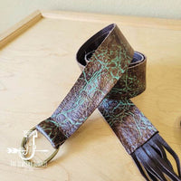 Turquoise & Brown Embossed Leather Belt w/ Fringe