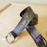 Turquoise & Brown Embossed Leather Belt w/ Fringe