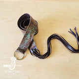 Turquoise & Brown Embossed Leather Belt w/ Fringe