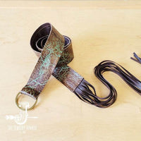 Turquoise & Brown Embossed Leather Belt w/ Fringe