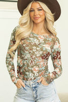 Floral Print Mesh Fitted Long Sleeve Top