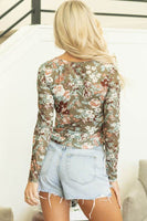 Floral Print Mesh Fitted Long Sleeve Top