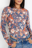 Floral Print Mesh Fitted Long Sleeve Top