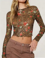 Cropped mesh ruffle hem floral leopard top