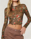 Cropped mesh ruffle hem floral leopard top