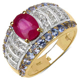 14K Yellow Gold Plated 3.02 Carat Genuine Ruby, Tanzanite & White Topaz .925 Sterling Silver Ring