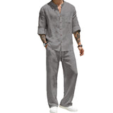 Mens Solid-Color Linen Long-Sleeve Shirt And Pants Two-Piece Set