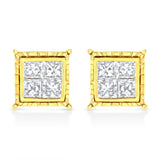 14K Yellow Gold 1.0 Cttw Invisible Set Princess-Cut Diamond Composite 8 Stone Stud Earrings (I-J Color, SI1-SI2 Clarity)