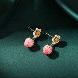 Enamel Strawberry Silver Needle Earrings For Women