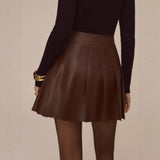 Coffee-colored PU Leather Skirt Short Skirt Spicy Girls Pleated Skirt
